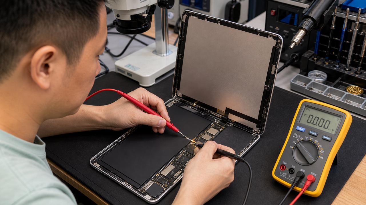 Technician testing an opened iPad logic board with multimeter probes under a microscope